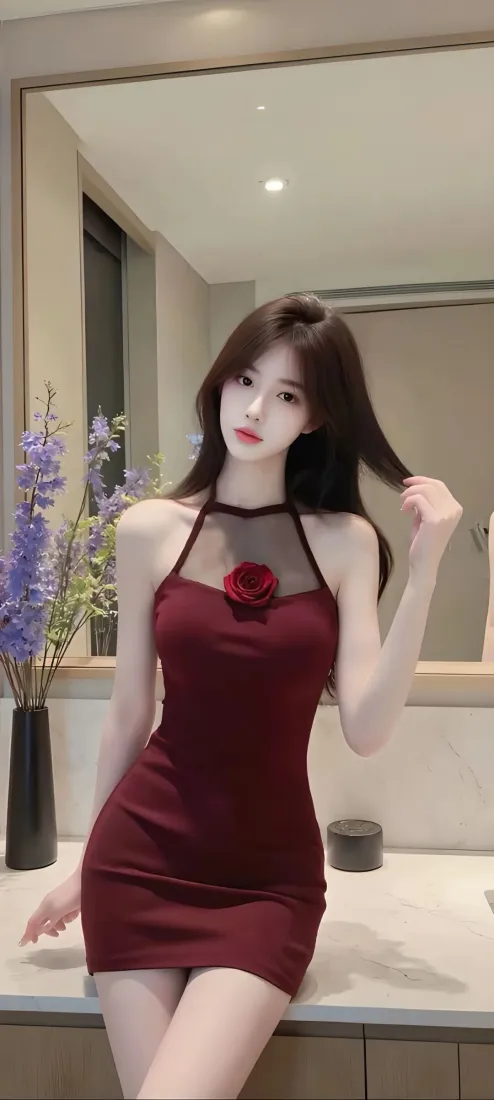 红衣美女手机壁纸｜浴室背景图片 - 紫色花「哲风壁纸」