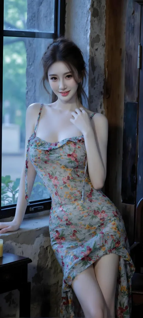 碎花裙美女手机壁纸｜室内背景图片 - 吊带裙「哲风壁纸」