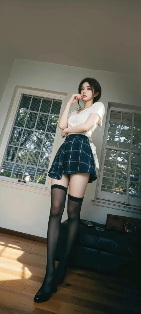 美女手机壁纸｜室内背景图片 - 白上衣黑丝穿搭「哲风壁纸」