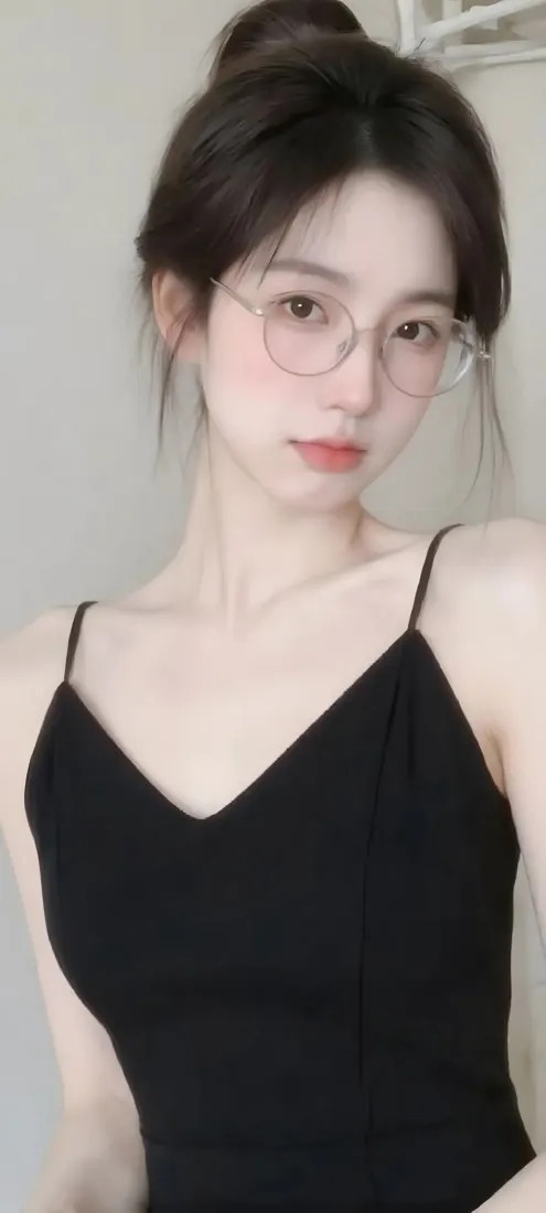 黑衣美女手机壁纸｜简约背景图片 - 眼镜红唇「哲风壁纸」