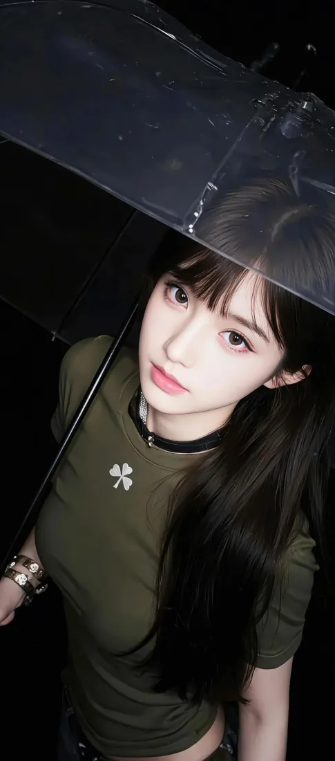 绿衣美女手机壁纸｜雨中背景图片 - 透明雨伞「哲风壁纸」