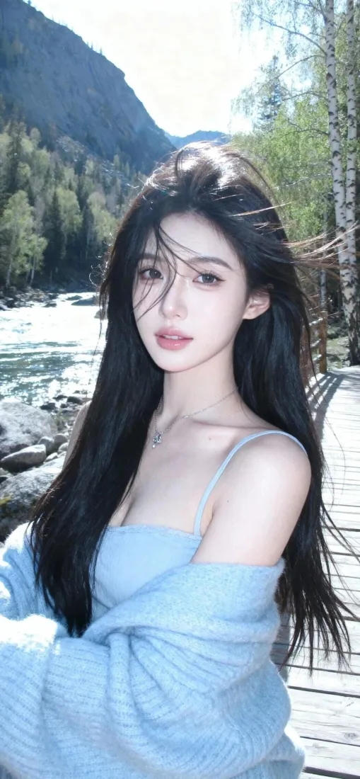 蓝衣美女Ios手机壁纸｜自然风景背景 - 河流森林木板路「哲风壁纸」