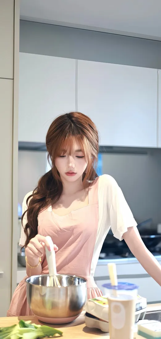 厨房美女手机壁纸｜烹饪背景图片 - 粉色围裙「哲风壁纸」