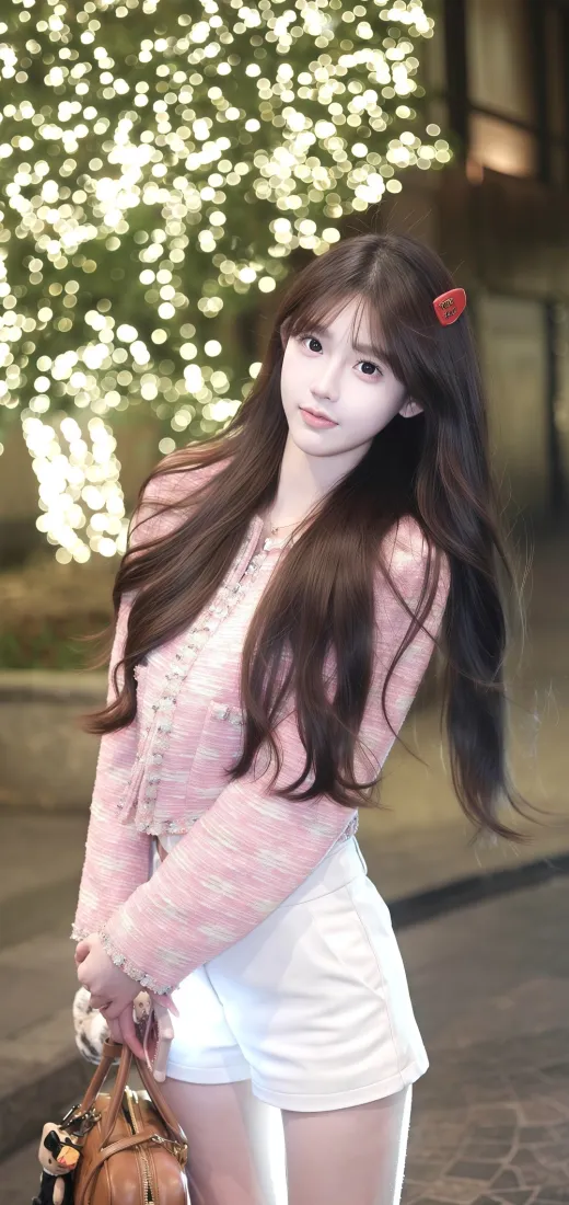 长发美女手机壁纸｜夜景背景图 - 粉色上衣白短裤「哲风壁纸」