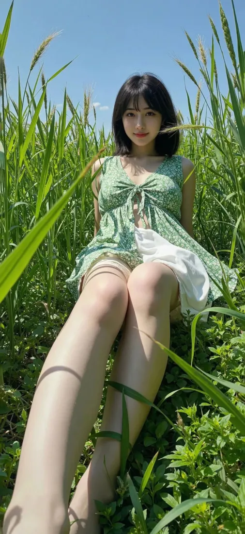 绿裙美女手机壁纸｜草地蓝天背景图片 - 清新「哲风壁纸」