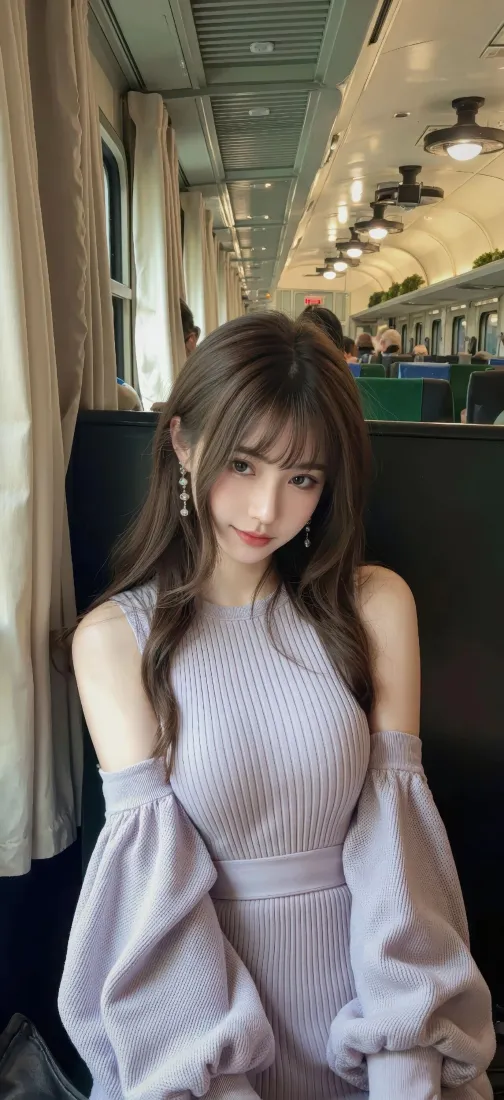 浅紫露肩美女手机壁纸｜火车车厢背景图片 - 时尚穿搭「哲风壁纸」