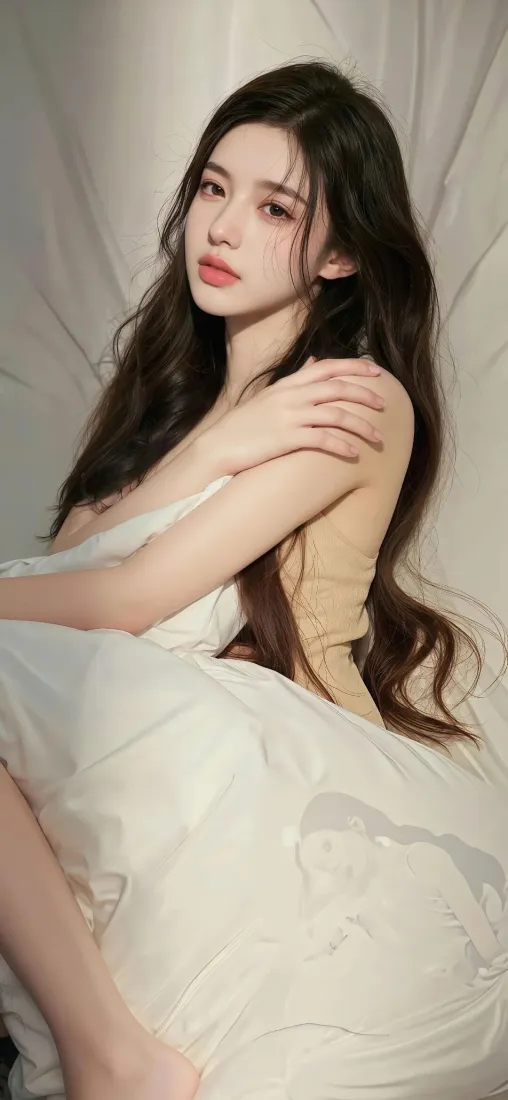 长发美女手机壁纸｜白色背景图 - 温柔气质「哲风壁纸」