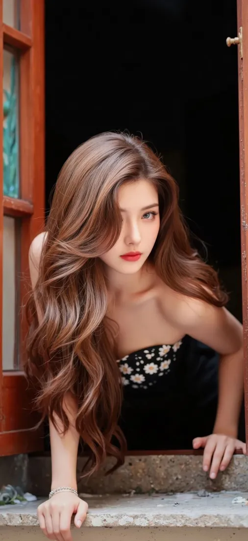 长发美女手机壁纸｜抹胸裙背景图 - 室内迷人写真「哲风壁纸」