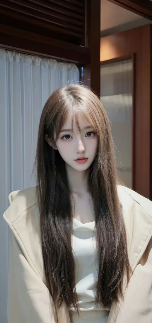 长发美女手机壁纸｜室内背景图 - 浅色外套穿搭「哲风壁纸」