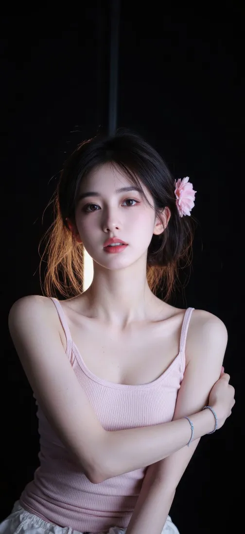 甜妹手机壁纸｜暗色背景图片 - 粉色花饰吊带「哲风壁纸」