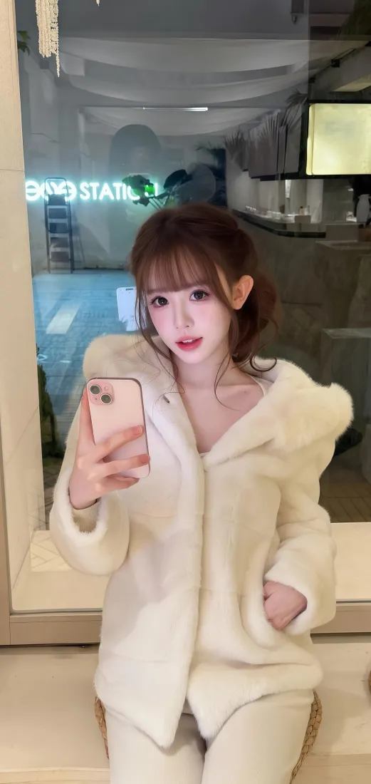 美女自拍手机壁纸｜Ios手机背景图片 - 白色毛绒外套「哲风壁纸」