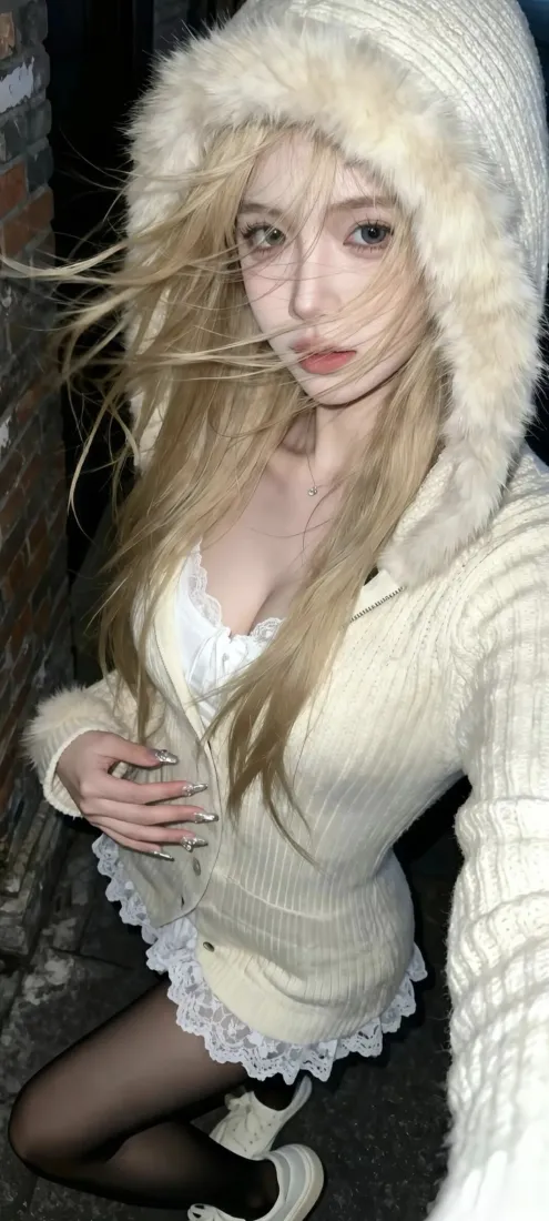 金发美女手机壁纸｜黑丝背景图片 - 米白连帽裙「哲风壁纸」