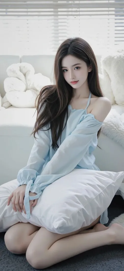 蓝衣美女手机壁纸｜室内背景图片 - 抱枕清新居家长发「哲风壁纸」