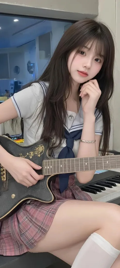 jk制服美女手机壁纸｜室内背景图片 - 电吉他钢琴「哲风壁纸」