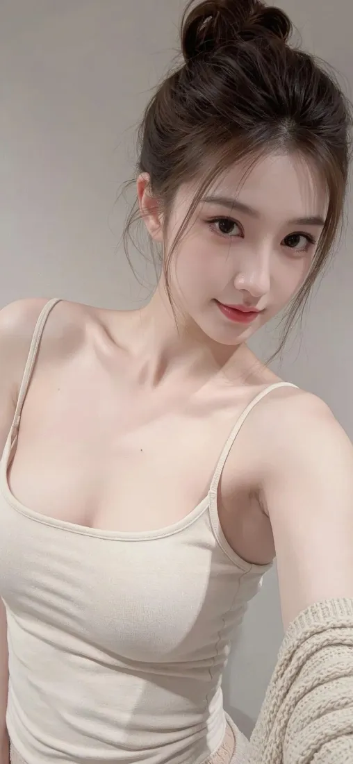 美女手机壁纸｜米白背景图片 - 吊带丸子头自拍「哲风壁纸」