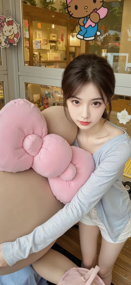 粉色蝴蝶结抱枕美女手机壁纸｜室内背景 - 甜美少女「哲风壁纸」