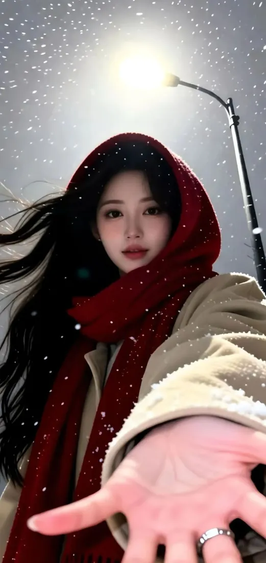 红衣美女手机壁纸｜冬夜雪景背景图 - 路灯雪花「哲风壁纸」