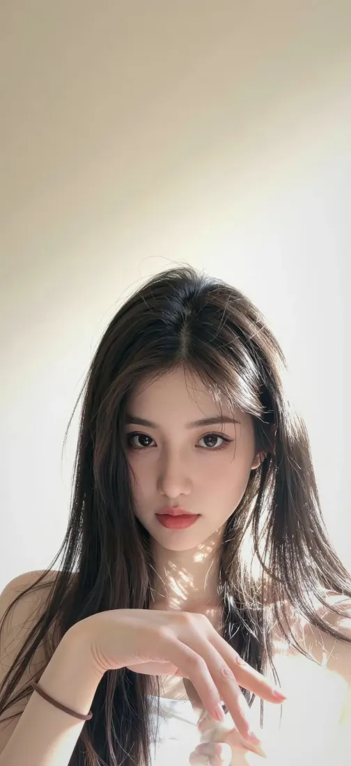 长发美女手机壁纸｜简约背景图片 - 白衣红唇气质「哲风壁纸」