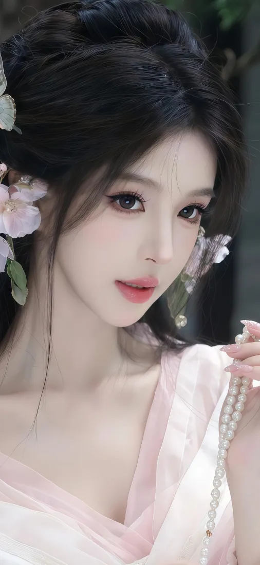 古风美女手机壁纸｜粉色古风背景 - 花朵发饰珠链「哲风壁纸」