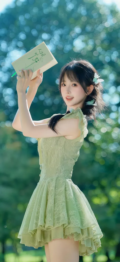 绿裙美女手机壁纸｜户外背景图片 - 看书「哲风壁纸」
