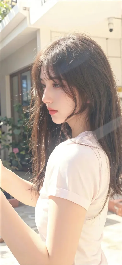 白衣美女Ios手机壁纸｜户外阳光背景图片 - 红唇长发「哲风壁纸」