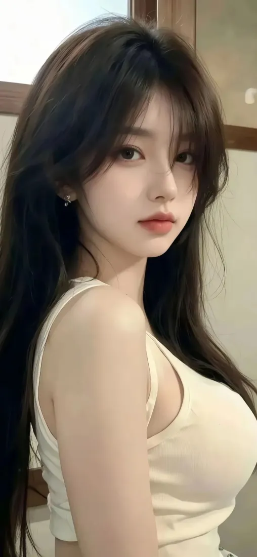 长发美女手机壁纸｜浅色吊带背景 - 精致妆容「哲风壁纸」