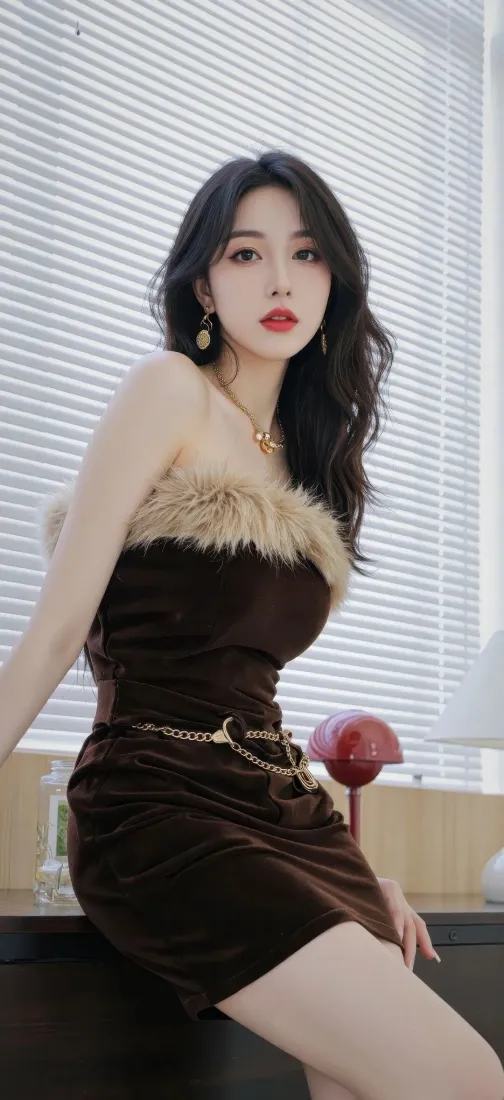 棕色毛绒裙美女手机壁纸｜室内背景 - 红唇Ios「哲风壁纸」