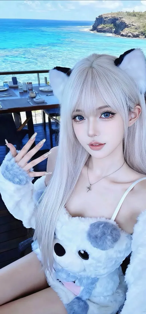 白发美女手机壁纸｜海边背景图 - 猫耳毛绒玩具「哲风壁纸」
