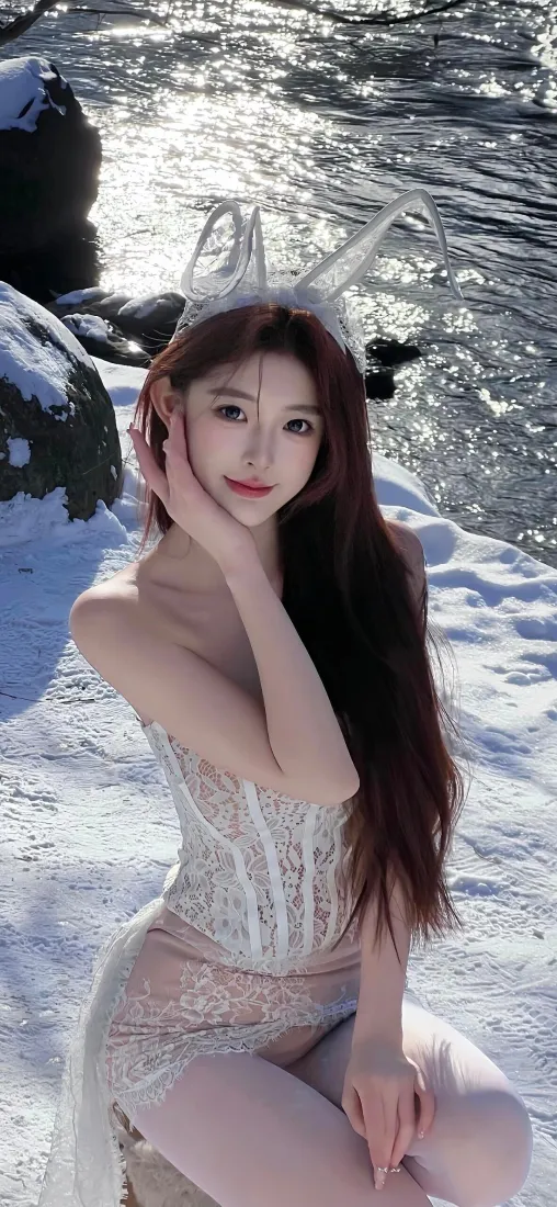 雪景美女手机壁纸｜雪地溪流背景图片 - 迷人「哲风壁纸」