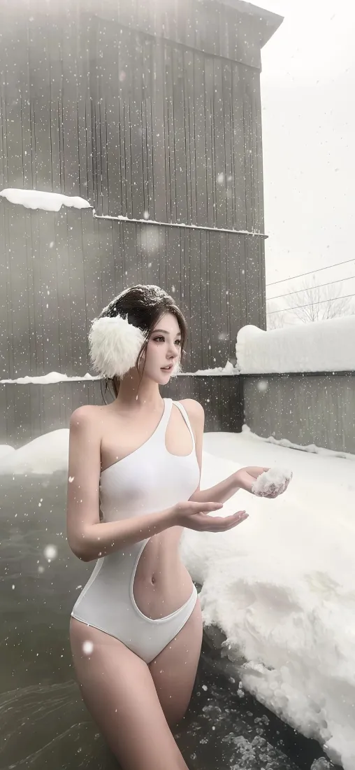 美女手机壁纸｜雪景背景图片 - 白色泳衣冬日人像「哲风壁纸」