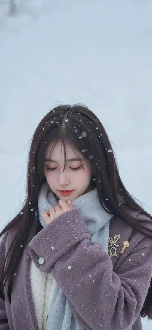 雪中美女手机壁纸｜雪景背景图片 - 紫色外套「哲风壁纸」