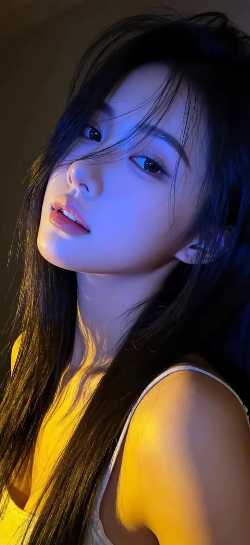 长发美女手机壁纸｜蓝黄光影背景图片 - 艺术感「哲风壁纸」