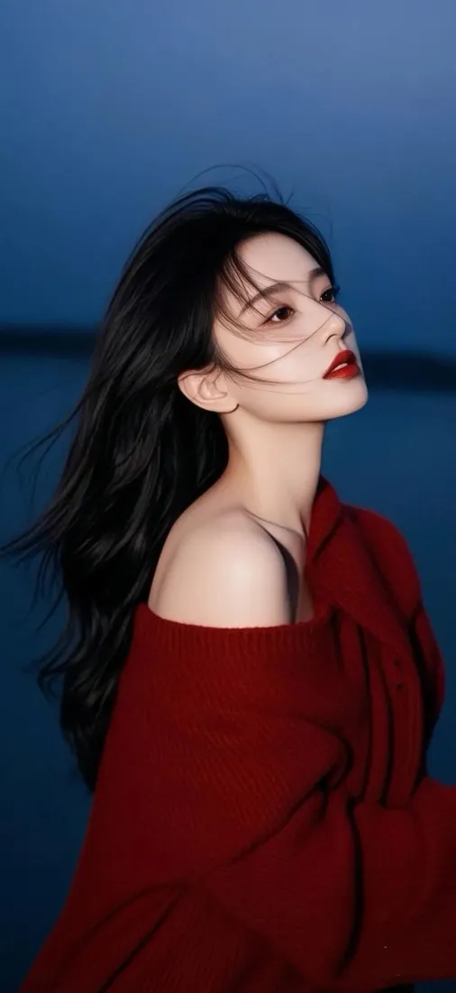 红衣美女手机壁纸｜蓝色背景图片 - 露肩红唇长发「哲风壁纸」