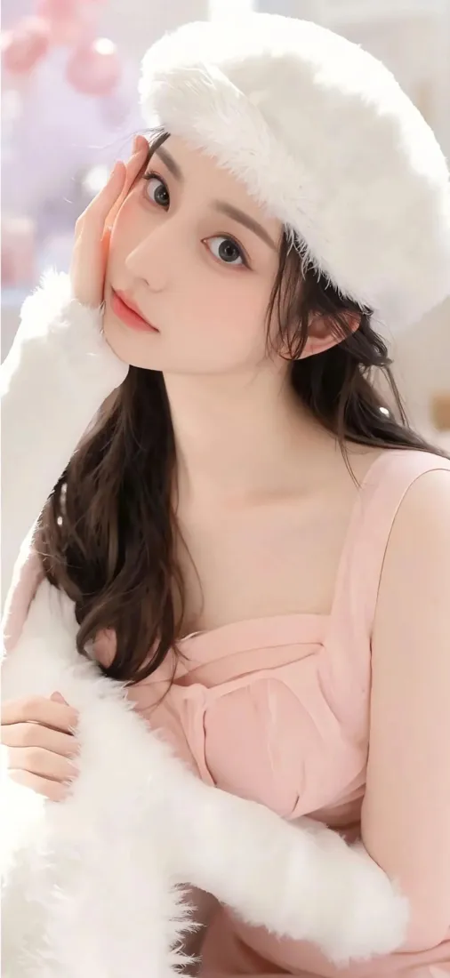 粉色连衣裙美女手机壁纸｜白色毛绒帽背景 - Ios「哲风壁纸」