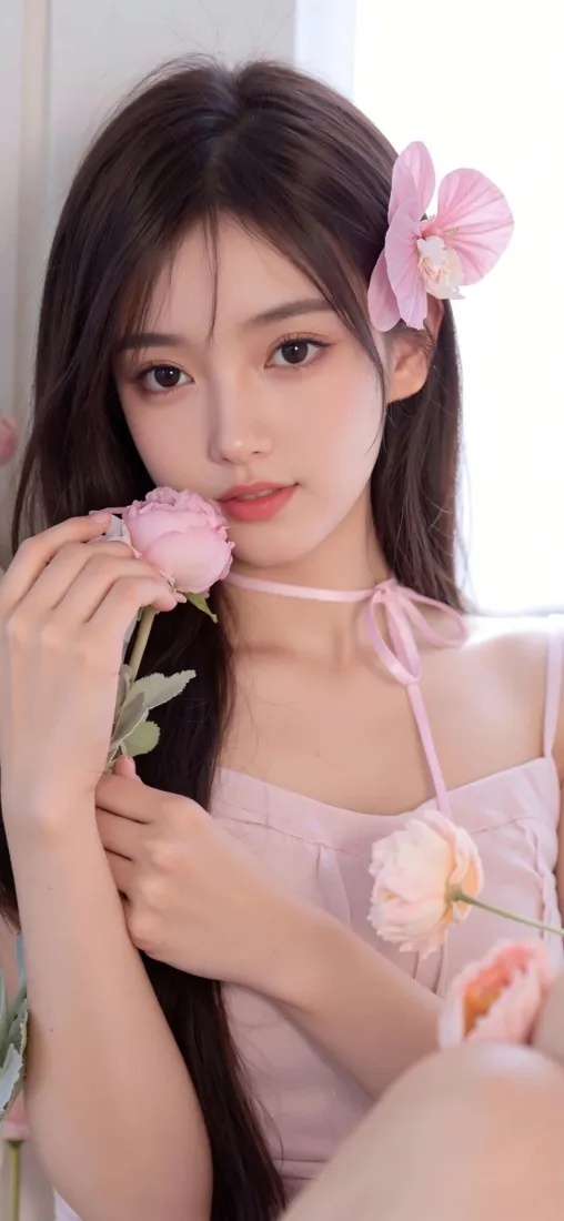 粉色美女手机壁纸｜室内背景图 - 甜美花朵少女「哲风壁纸」