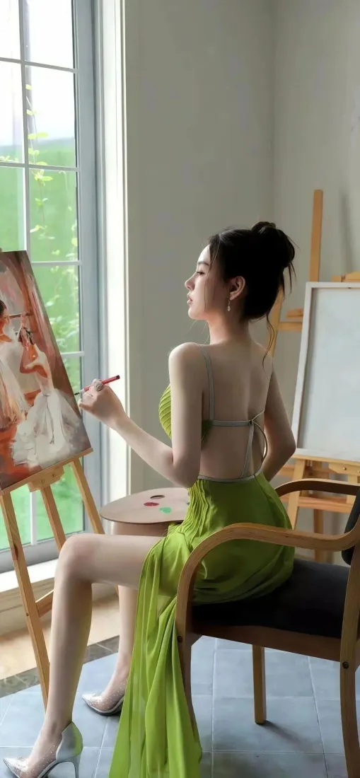 美女画家绿色礼服手机壁纸｜室内画室背景图片 - 艺术创作「哲风壁纸」