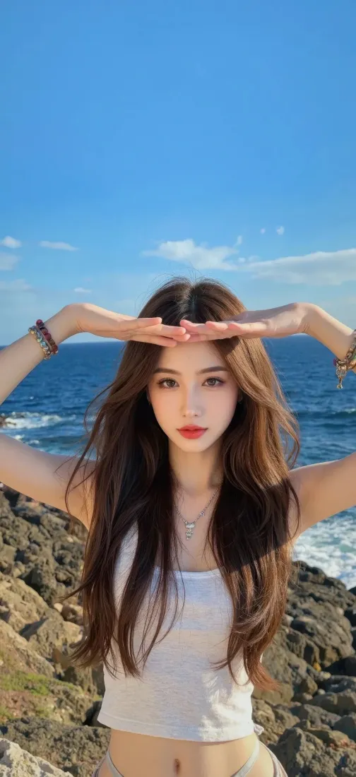 海边美女手机壁纸｜蓝天海景背景图 - 白衣长发「哲风壁纸」