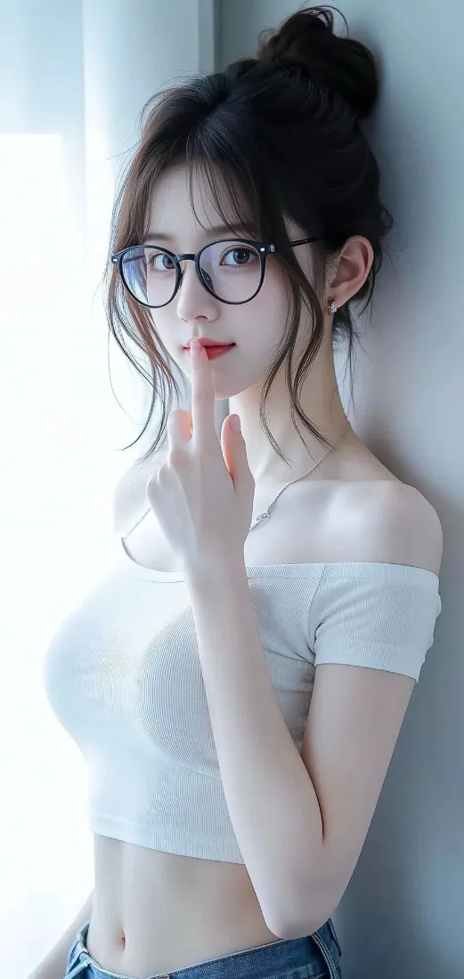 戴眼镜美女手机壁纸｜白衣室内背景 - 牛仔裤「哲风壁纸」