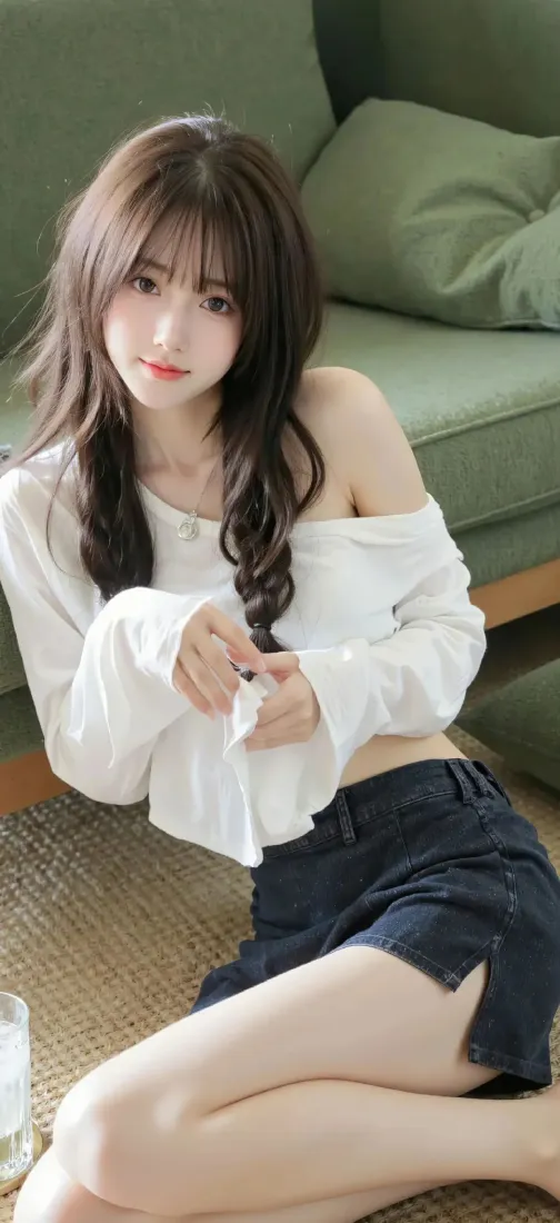 白衣美女手机壁纸｜居家背景图 - 深色短裤长发「哲风壁纸」