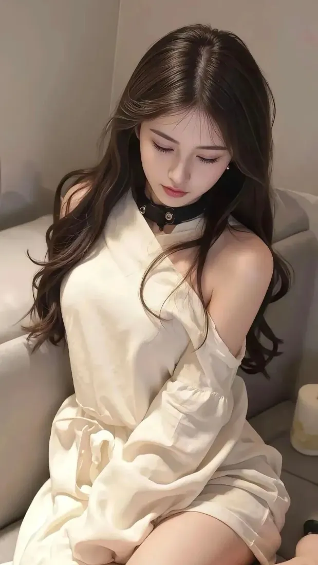 美女手机壁纸｜室内背景图 - 米白露肩连衣裙「哲风壁纸」