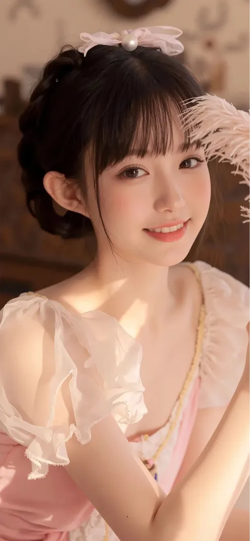 粉色洛丽塔美女手机壁纸｜羽毛背景 - 甜美笑容「哲风壁纸」
