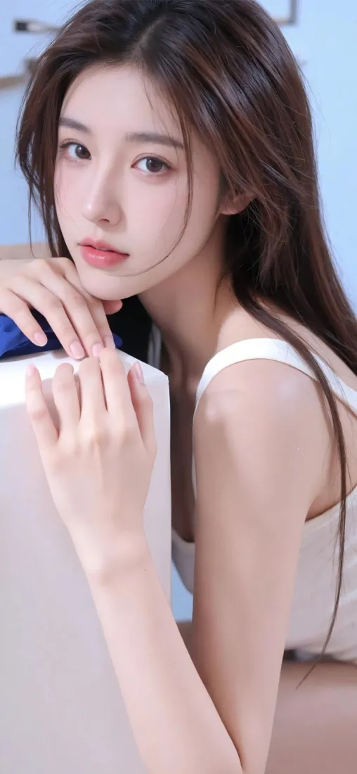 白衣美女Ios手机壁纸｜浅蓝色背景 - 清新气质时尚「哲风壁纸」