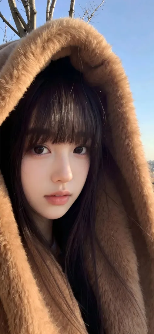 美女手机壁纸｜蓝天背景图片 - 棕色毛绒外套「哲风壁纸」