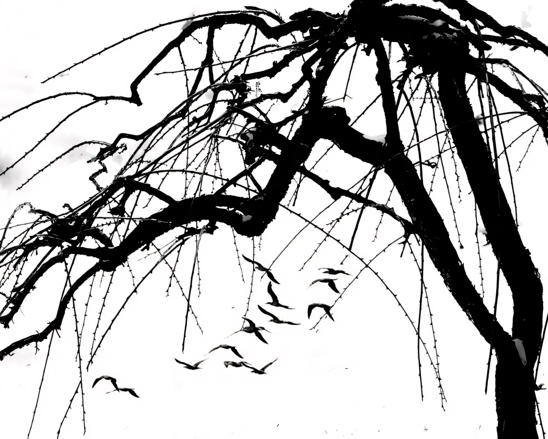 3k水墨树干燕子壁纸｜黑白背景图片 - 简约「哲风壁纸」