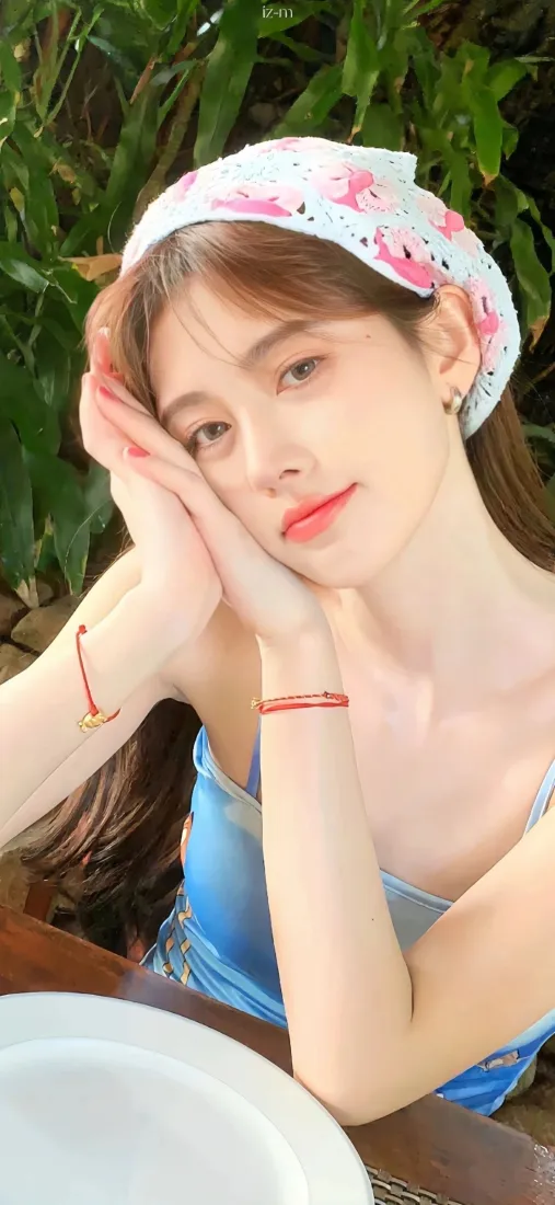 鞠婧祎手机壁纸｜田园风背景图片 - 蓝色吊带花头巾「哲风壁纸」