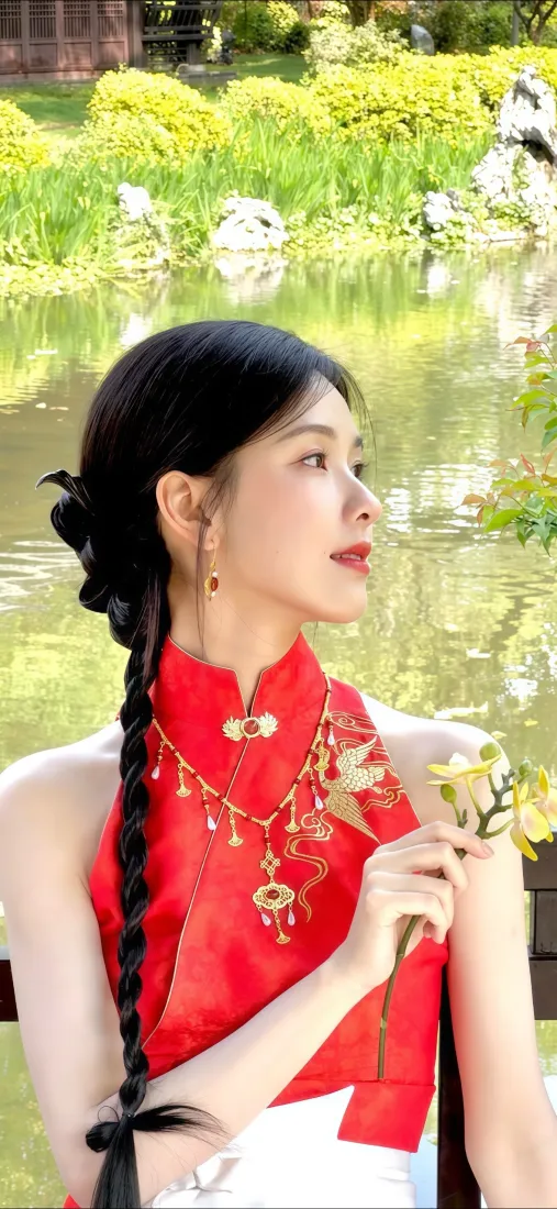 陈都灵手机壁纸｜湖水背景图片 - 红色旗袍「哲风壁纸」