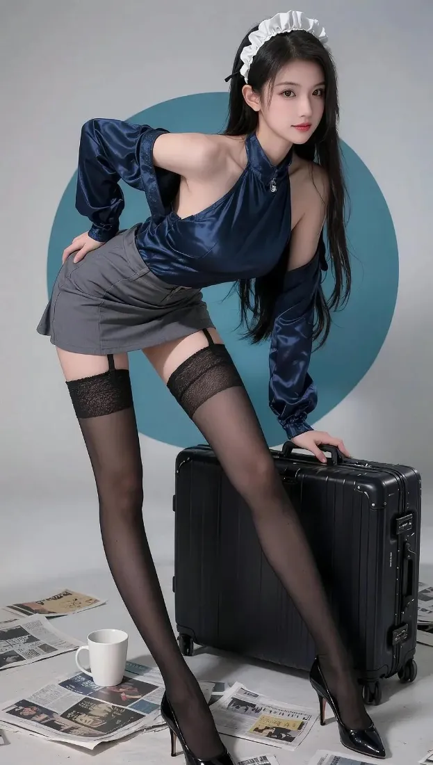 女仆装美女手机壁纸｜蓝色背景图 - 黑丝高跟鞋「哲风壁纸」