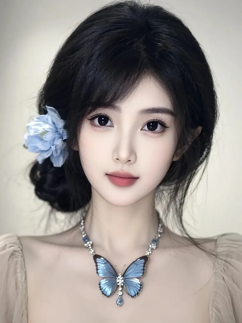 蓝蝴蝶项链美女手机壁纸｜浅色调背景 - 优雅气质「哲风壁纸」