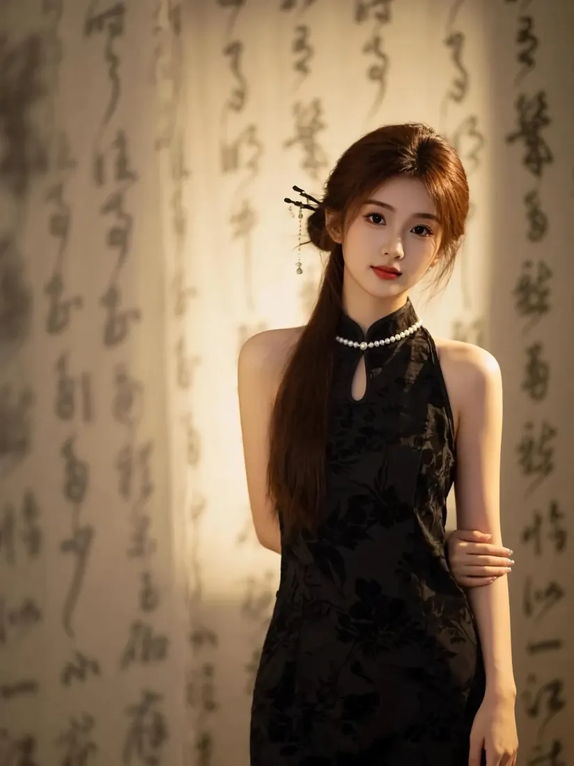 黑色旗袍美女手机壁纸｜书法背景图片 - 复古优雅「哲风壁纸」