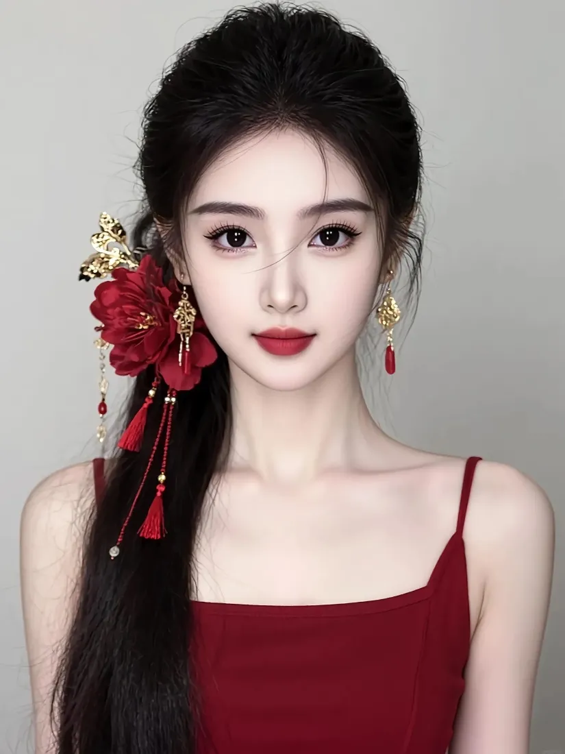 红衣美女手机壁纸｜灰色背景图片 - 红色发饰红唇「哲风壁纸」